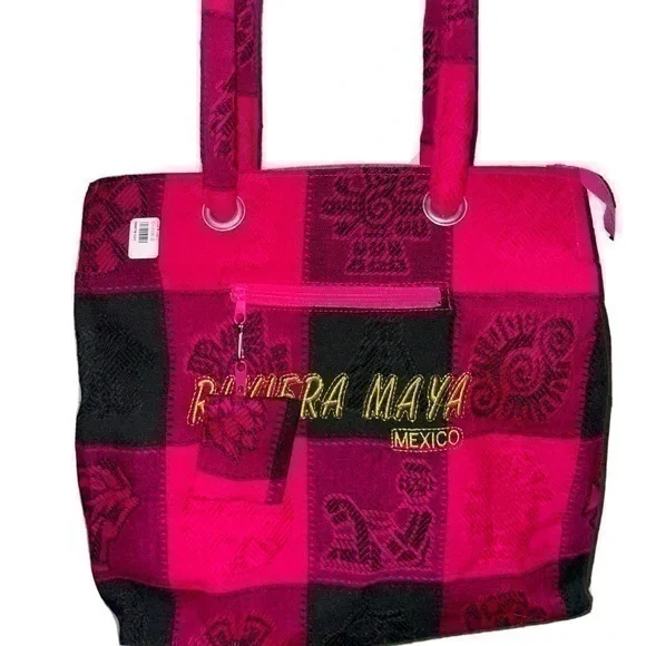 NWT Riviera Maya Mexico tote bag purse with small coin purse in pink and black - Picture 1 of 10